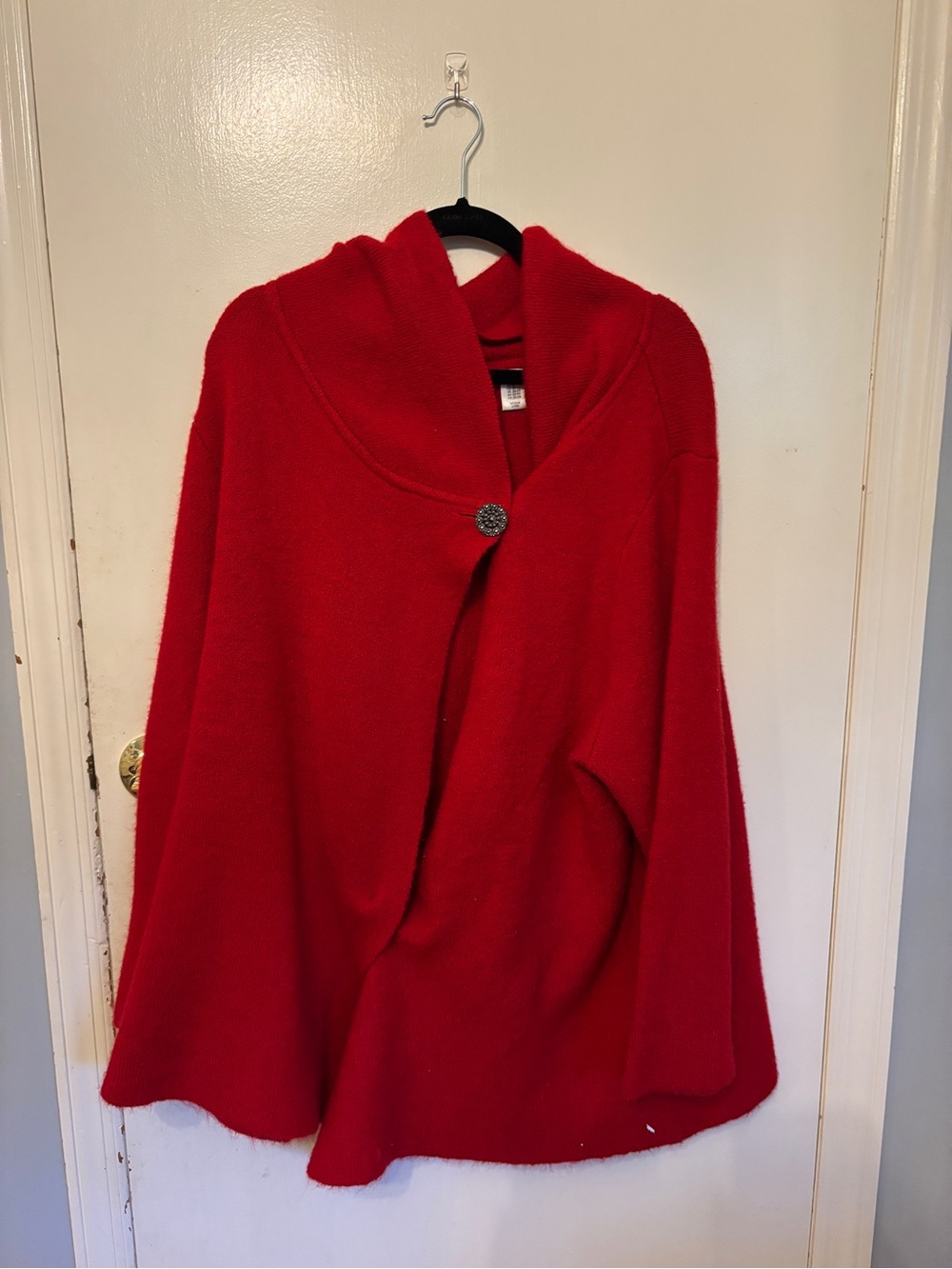 Max Studio Red Hooded Poncho with Decorative Button